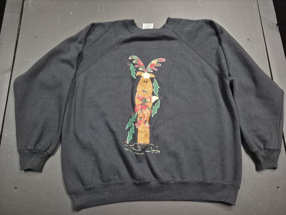 Vtg Womens XL Black Hanes Her Way Holiday Christmas Sweatshirt